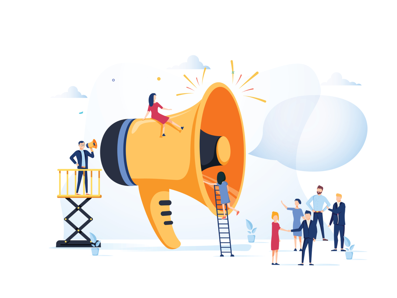 Illustration of a large megaphone surrounded by business professionals, symbolizing effective communication, public relations, and broad audience reach through press release distribution.