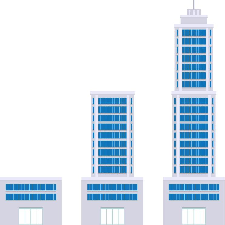 Illustration of three buildings of increasing height, representing business growth, expansion, and scaling up.