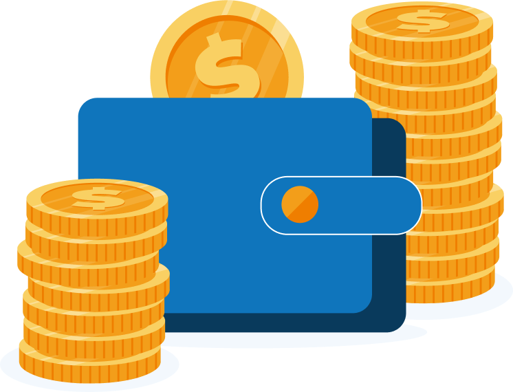 Illustration of a wallet surrounded by stacks of coins, symbolizing financial management, savings, and economic growth.