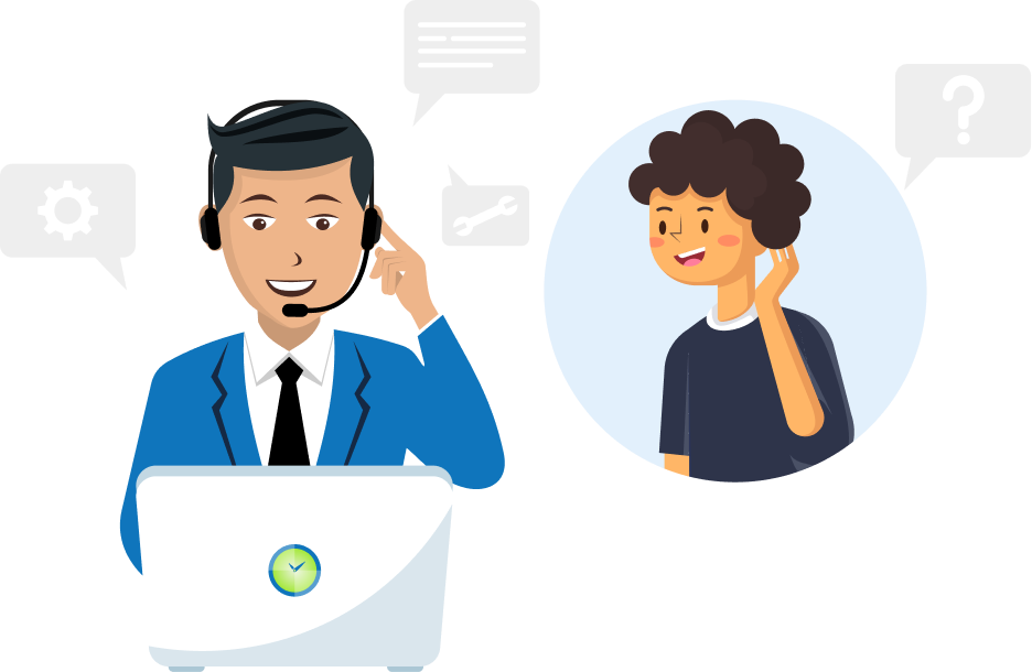 Customer service representative assisting a client over the phone, illustrating technical support and effective communication.