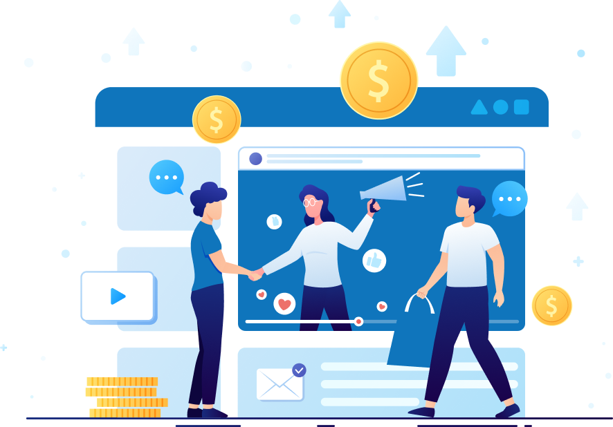 Illustration of people engaging in online transactions and marketing, symbolizing an affiliate program, digital marketing, and revenue growth.