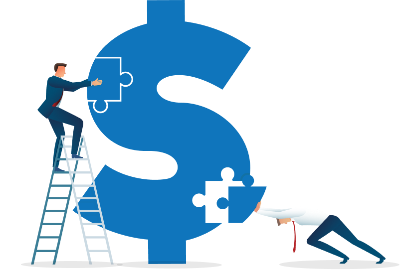 Two business professionals assembling puzzle pieces to form a large dollar sign, representing collaboration and strategic financial growth.