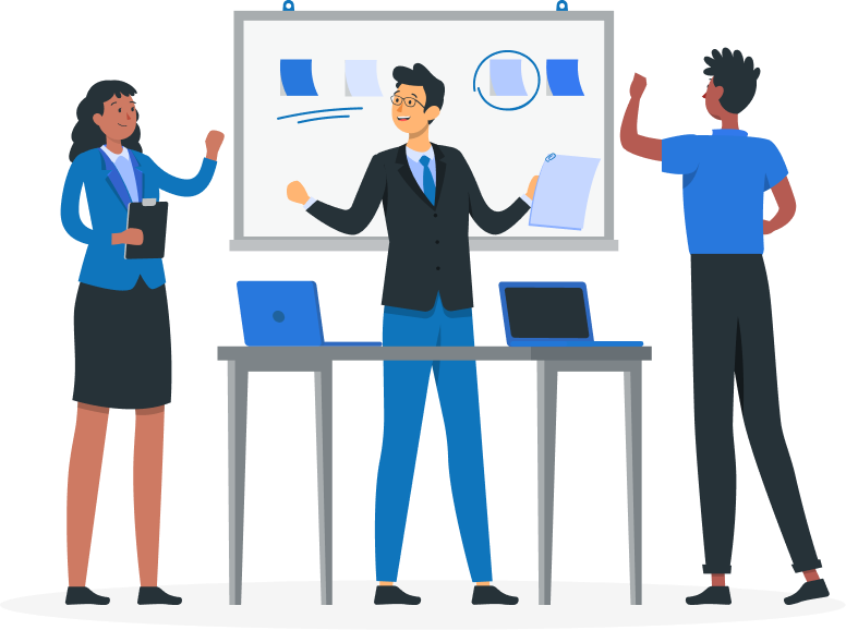 Three business professionals collaborating in front of a whiteboard during a presentation, symbolizing teamwork, strategic planning, and industry excellence.