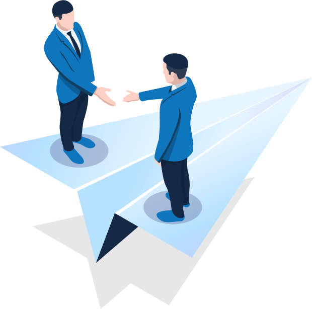 Illustration of two businessmen shaking hands while standing on a paper airplane, symbolizing partnership, agreement, and collaborative business ventures.