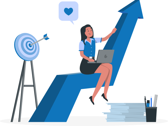 Businesswoman sitting on an upward arrow with a laptop, symbolizing growth and success, while a target with an arrow represents achieving goals and a love icon denotes satisfaction.