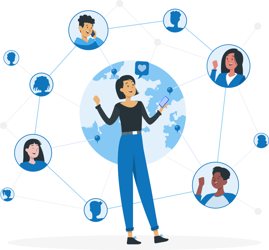 Illustration of a woman connected to a global network of diverse individuals, symbolizing social connections, communication, and global reach.