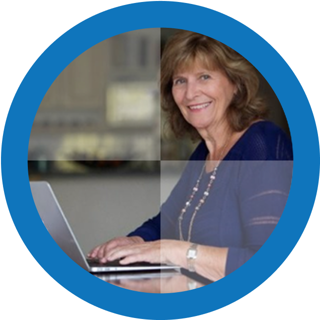 Pat of Prompt Proofing, smiling and working on a laptop, representing professional proofreading and writing services.